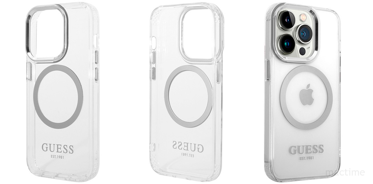 Прозрачный чехол Guess Metal outline Hard с элементами серебристого цвета для iPhone 15 Pro Max